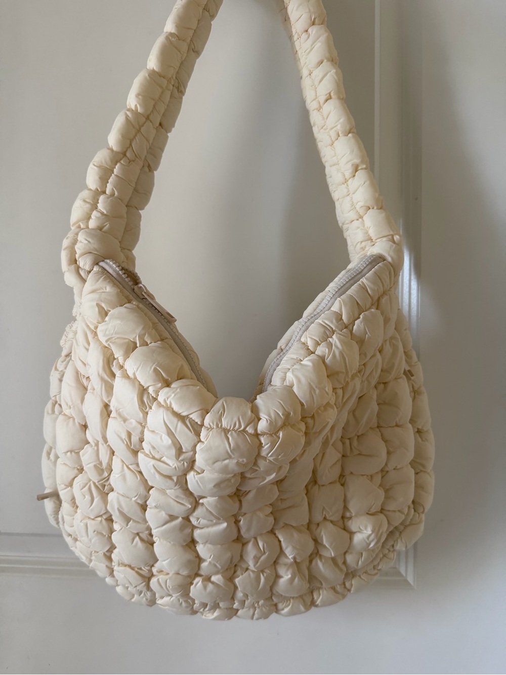 Cream Quilted Shoulder Bag - Lightweight Padded Tote